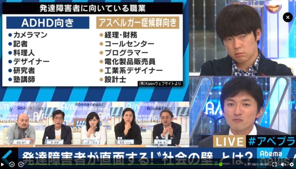 ABEMA Prime 「大人の発達障害」特集 ”発達障害に向いている仕事”で当社ウェブサイトから引用